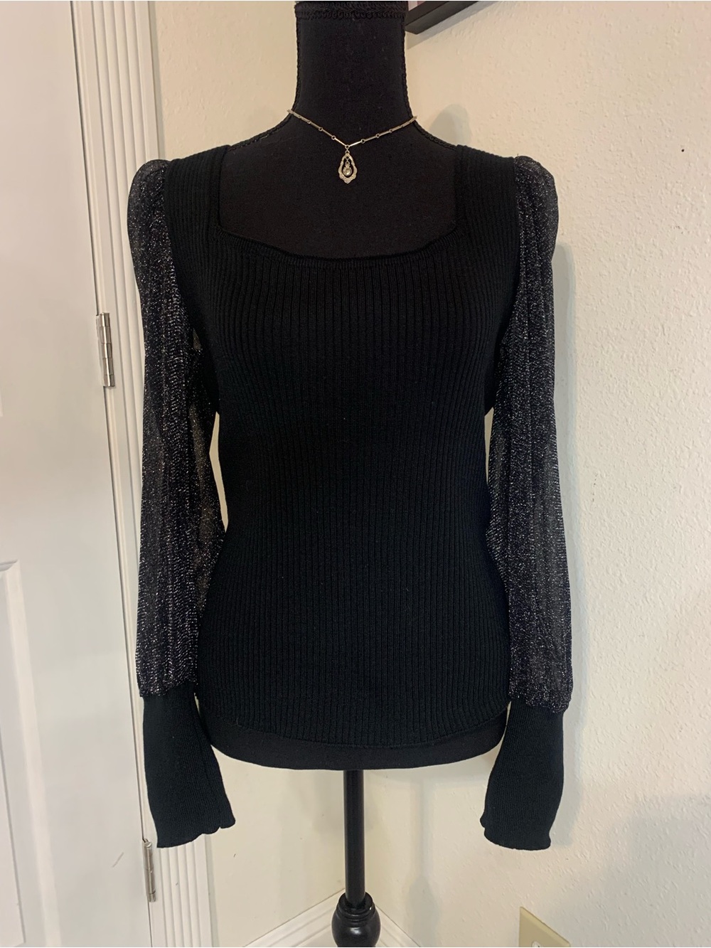 Black Square Neck Knit Top with Shimmery Puff Sleeves